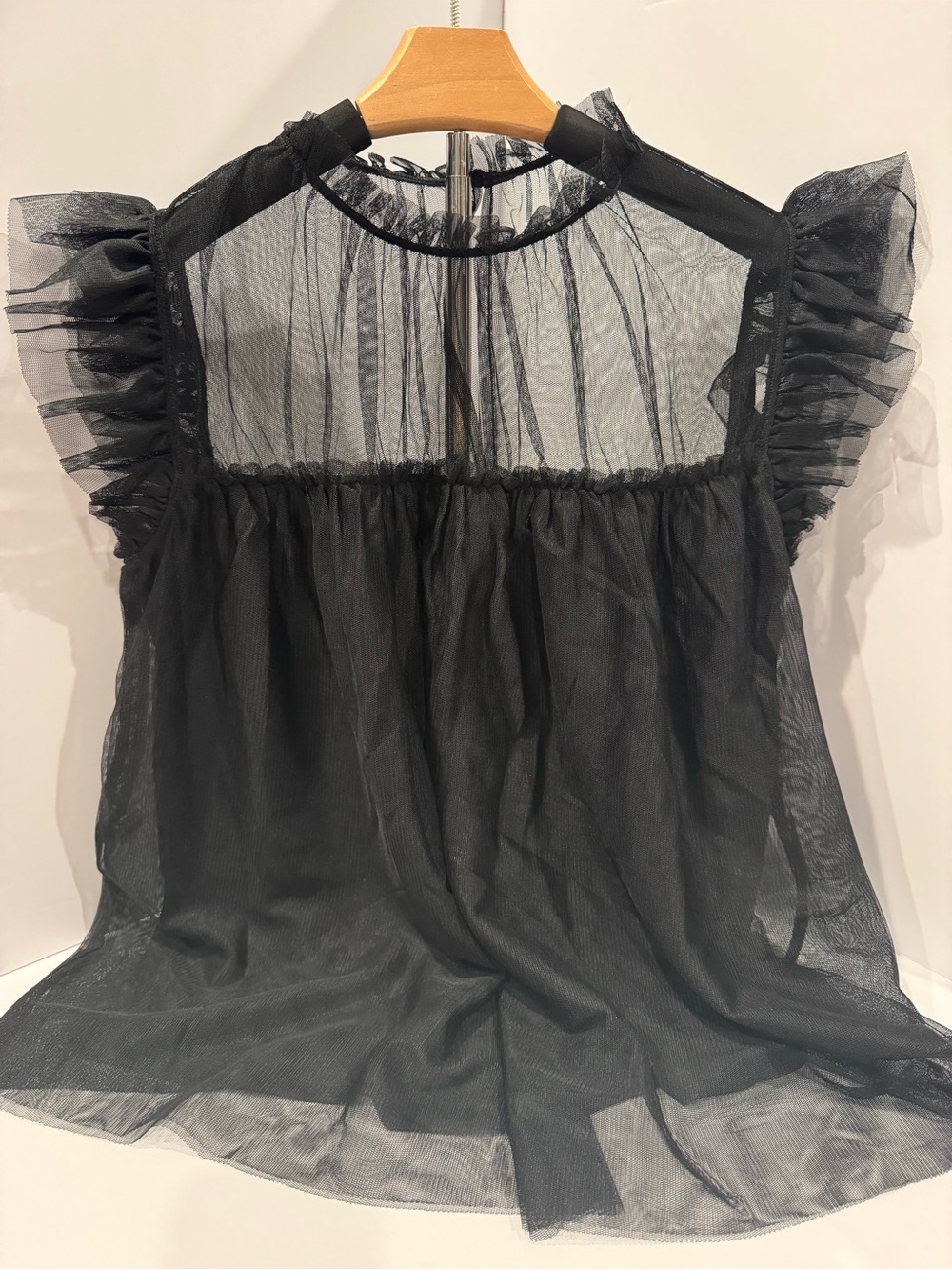 NWT ON 34TH Black Mesh Ruffle Sleeve Top | Small | Romantic Goth Blouse